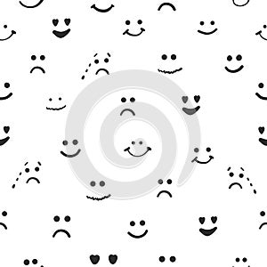 Sad, happy , smiley, eyes heart, crying face repeated black and white pattern