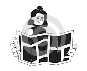 Sad hispanic girl holding map monochromatic flat vector character