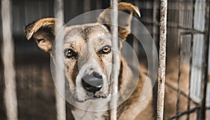 Sad homeless dog in an animal shelter behind bars