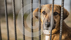 Sad homeless dog in an animal shelter behind bars