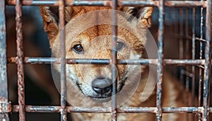 Sad and hungry stray dog in shelter cage, abandoned and longing for a home, behind old rusty grid