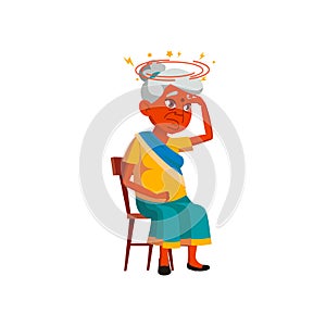 sad indian elderly woman with giddiness sitting on chair cartoon vector