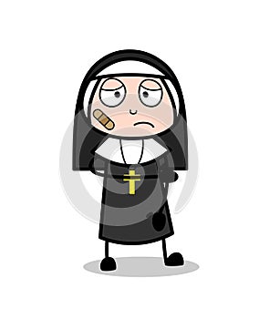 Sad Injured Nun Character with Bandage on Face Vector