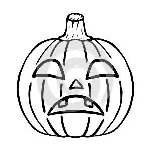 Sad Jack O Lantern doodle icon, halloween pumpkin isolated