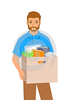 Sad jobless fired young man holds box with stuff