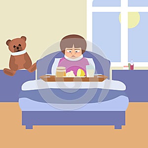 Sad kid with grandma`s remedies tray vector