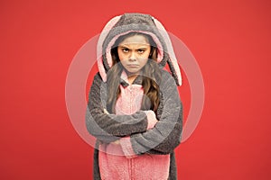 Sad kid in kigurumi pajama. pajama for your cozy sleep. funny rabbit child relax. Baby animal. good morning to you