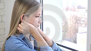 Sad Kid Looking on Window, Unhappy Child,  Bored Thoughtful Girl, Sadness on Tee