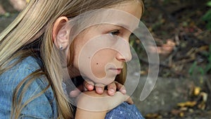 Sad Kid, Unhappy Child, Thoughtful Bullied Teenager Girl Outdoor in Park, Children Sadness, Depression Portrait of Adolescents