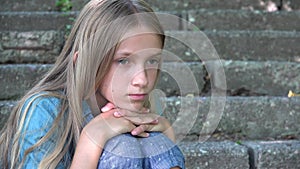 Sad Kid, Unhappy Child, Thoughtful Bullied Teenager Girl Outdoor in Park, Children Sadness, Depression Portrait of Adolescents