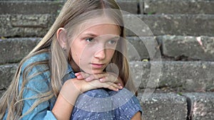Sad Kid, Unhappy Child, Thoughtful Bullied Teenager Girl Outdoor in Park, Children Sadness, Depression Portrait of Adolescents