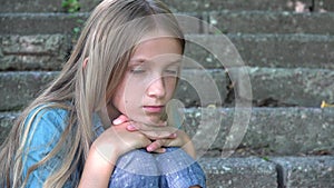 Sad Kid, Unhappy Child, Thoughtful Bullied Teenager Girl Outdoor in Park, Children Sadness, Depression Portrait of Adolescents