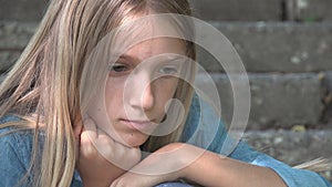 Sad Kid, Unhappy Child, Thoughtful Teenager Girl Outdoor in Park, Children Sadness, Depression Portrait of Adolescents