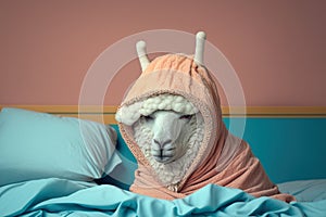 sad lama in a pijama having insomnia, created with Generative AI technology photo