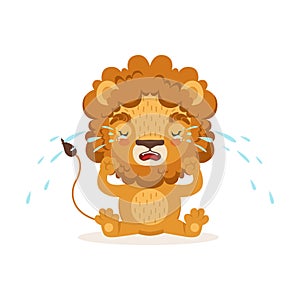 Sad little baby lion cartoon character sitting on the floor and crying. Safari animal with lush mane weeps. Vector in