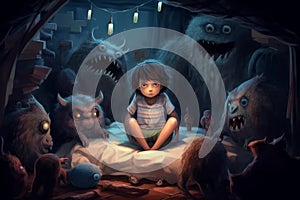 Sad little boy fearing monsters under his bed. Terrified child having a nightmare. Kid afraid of darkness