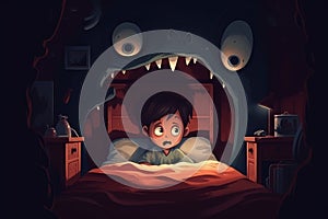 Sad little boy fearing monsters under his bed. Terrified child having a nightmare. Kid afraid of darkness