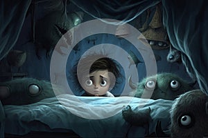 Sad little boy fearing monsters under his bed. Terrified child having a nightmare. Kid afraid of darkness