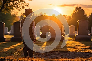 Sad little child boy in hat standing on cemetery at sunset. Generative AI