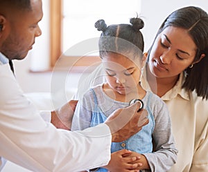 Sad little girl at doctors office. Sick girl sitting with mother while male paediatrician listen to chest heartbeat