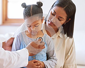 Sad little girl at doctors office. Sick girl sitting with mother while male paediatrician listen to chest heartbeat