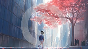 a sad little young girl standing alone in front of a young beautiful cherry tree in the middle of a big city, ai generated image