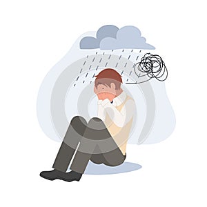 Sad lonely Asian high school boy in depression. Young unhappy boy sitting and cry. Depressed in teenager. Flat vector cartoon