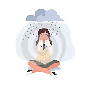 Sad lonely Asian high school girl in depression. Young unhappy girl sitting and cry. Depressed in teenager. Flat vector cartoon