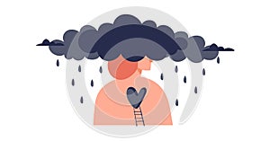Sad lonely faceless woman without a heart with her head in the rainy clouds. The concept of psychological assistance to