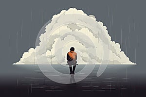 sad lonely man sit under big rainy cloud AI generated