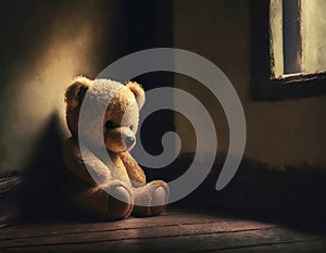 Sad and lonely teddy bear at the floor in the corner of dark room. Child abuse, depression or mental illness concept