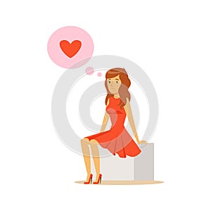 Sad lonely young woman in love sitting and dreaming colorful character vector Illustration