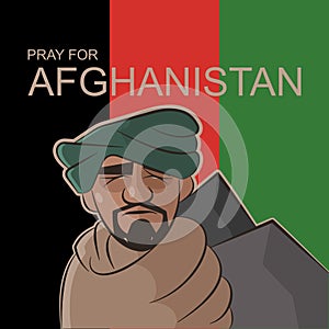 Sad looking Afghan man standing in front of Afghanistan flag with text Pray for Afghanistan. Flat style illustration.