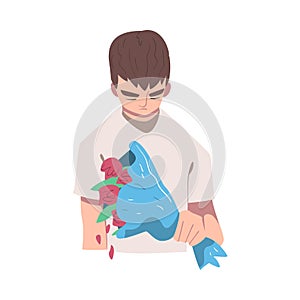 Sad Male Character with Bunch of Flowers Suffering Because of Lost Love and Heartbreak Vector Illustration photo