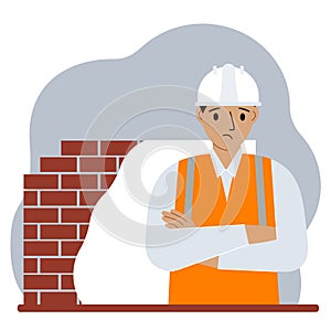 Sad male construction worker in a white helmet and an orange vest. The man on the background of a brick wall. Vector