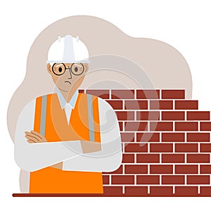 Sad male construction worker in a white helmet and an orange vest. Vector