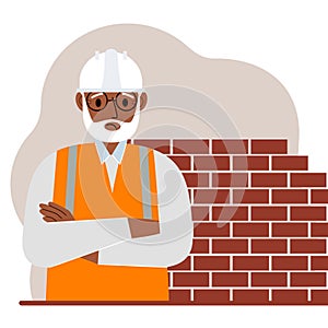 Sad male construction worker in a white helmet and an orange vest. Vector