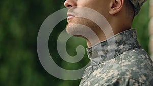 Sad male military uniform, war memories, posttraumatic stress disorder, anxiety