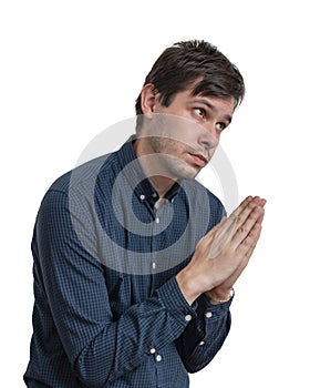 Sad man is begging and asking for help. Isolated on white background
