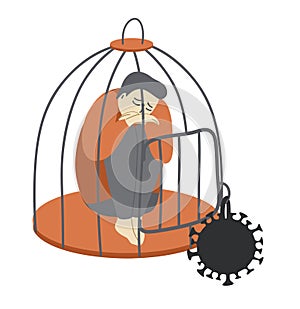 Sad man in cage with coronavirus lock. Vector illustration concept - lockdown in covid virus quarantine, restriction of photo