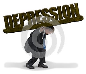 Sad man carrying burden of DEPRESSION like heavy rock weight