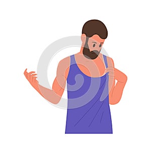 Sad man cartoon character wearing underwear with red stained body skin isolated on white background photo