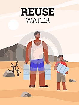 Sad man and child with plastic gallons waiting for drinking water, poster template flat vector illustration.