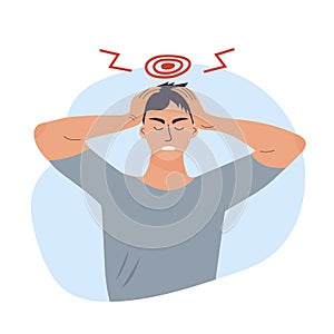 Sad man is holding his head with his hands. Man suffers from headaches and migraines
