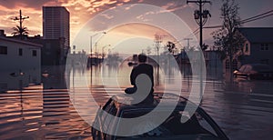 A sad man sits on the roof of his car on a flooded street during sunset. The aftermath of the hurricane in the city