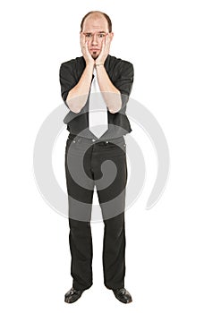 Sad man standing isolated on white