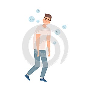 Sad man steps with his shoulders down because of depression, bad habit illustration vector