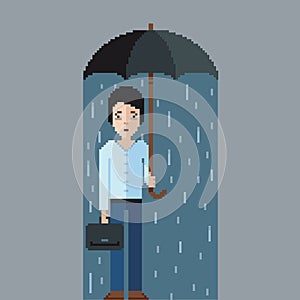Sad man with umbrella in the rain, pixel art style illustration