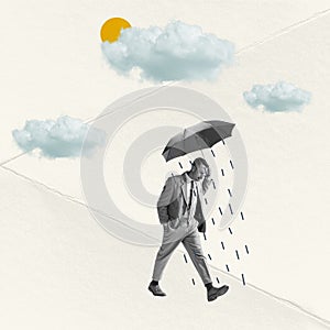 Sad man walking under umbrella on abstract background with drawings. Bright contemporary collage. Art, fashion and