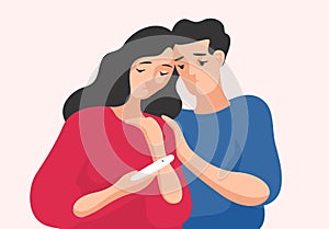 Sad man and woman standing together and looking at pregnancy test showing one line. Infertile couple, fertility problem